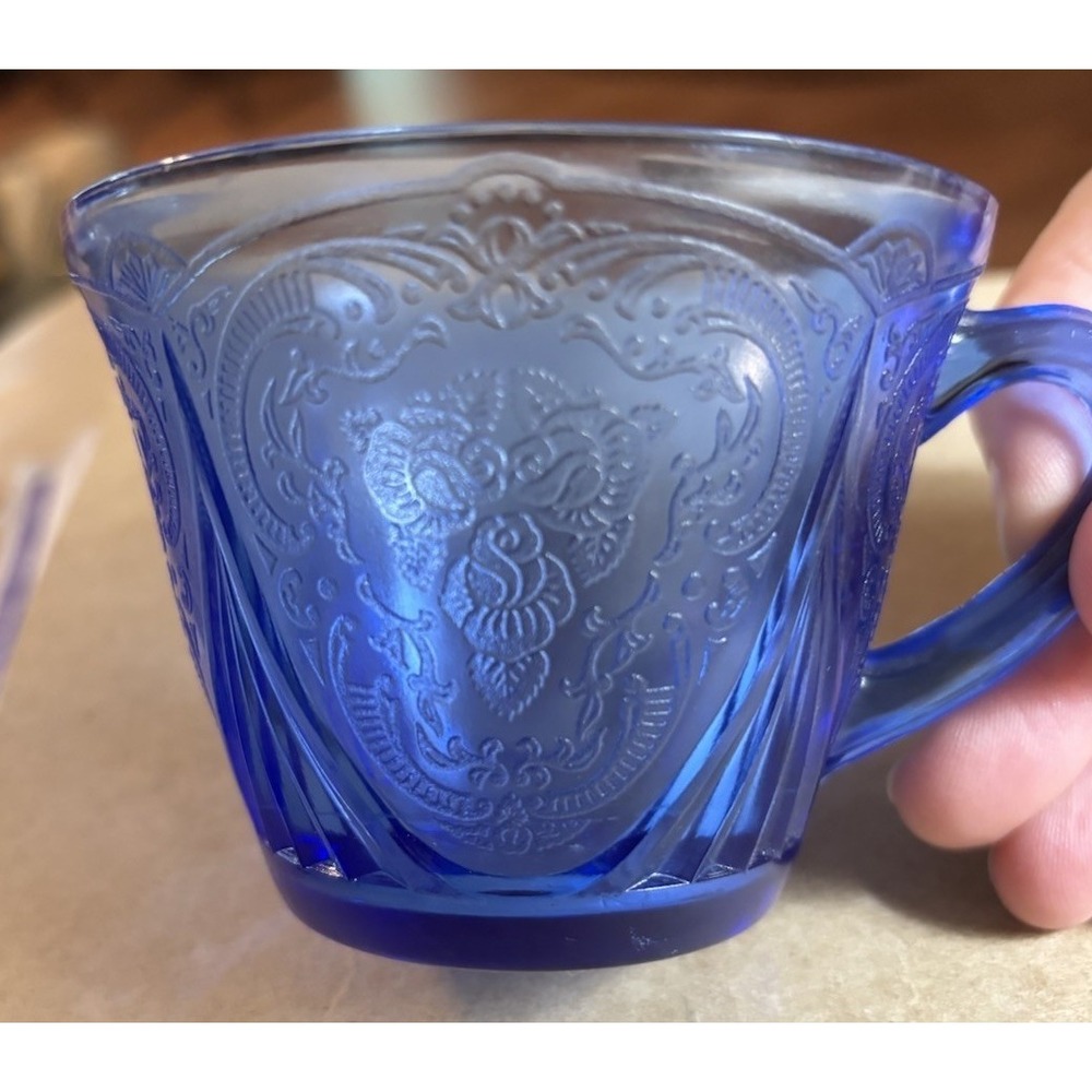 Cobalt Blue Modern Tone Coffee Tea Cup Set by Hazel Atlas Lace Design